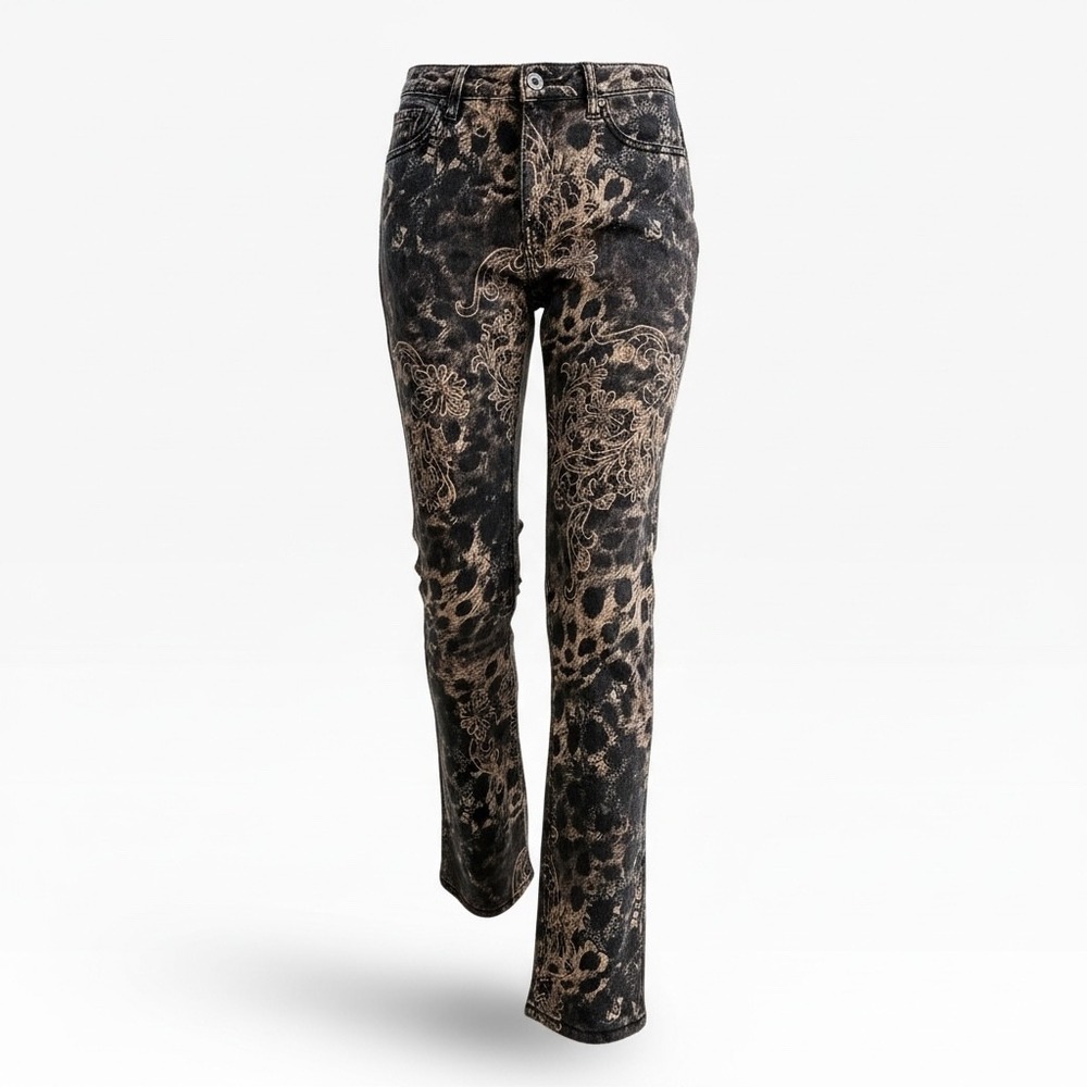 Bongo Womens Leopard Floral Lace Print Flare Leg Pants Brown Black Size 5 Y2K